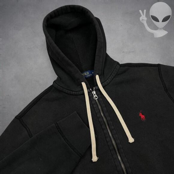 Polo Ralph Lauren Full Zip Hoodie Medium Black Fleece Classic Jacket Red Pony - Picture 2 of 8